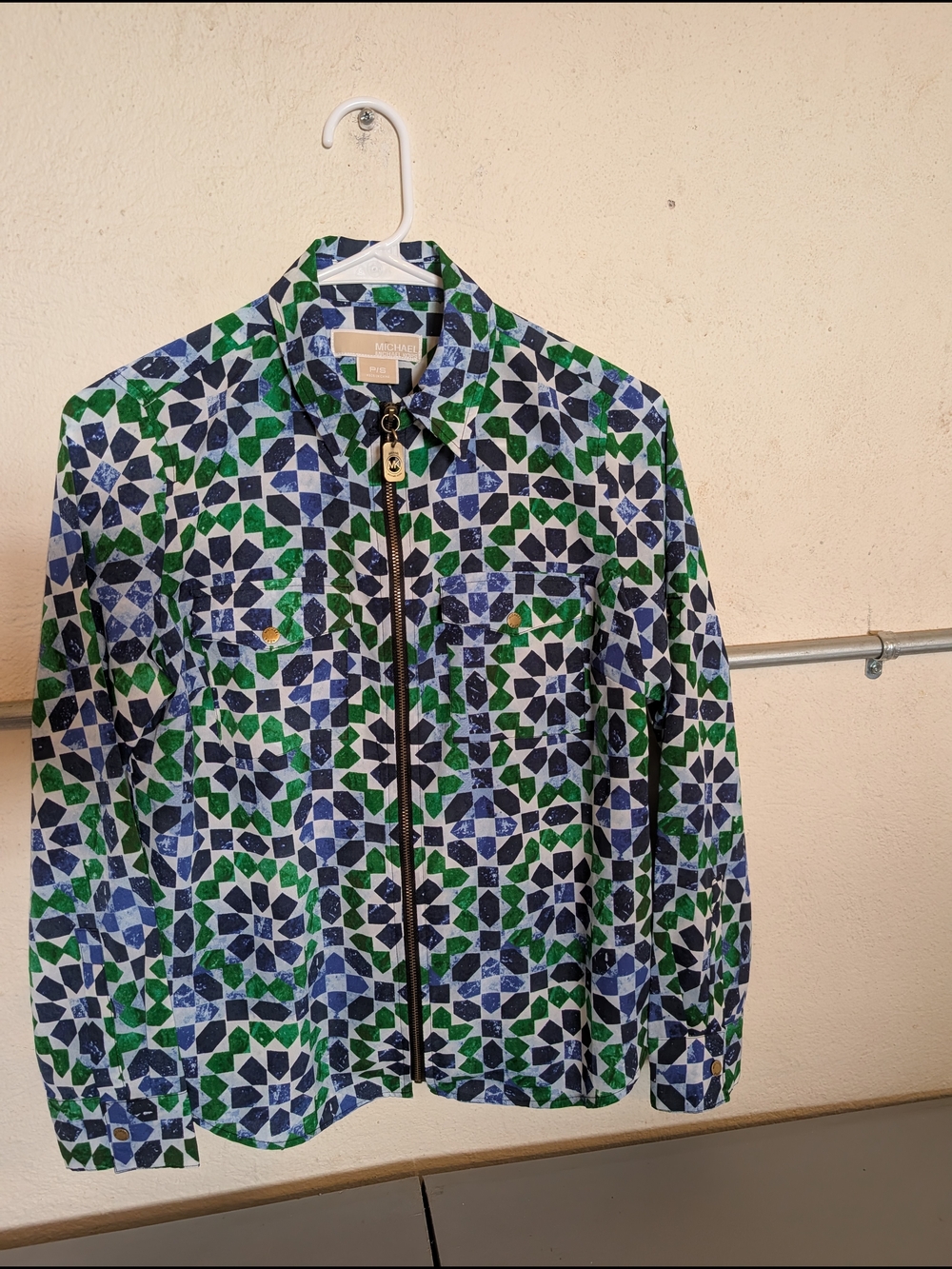 Michael Kors Green & Blue Geometric Zip Blouse